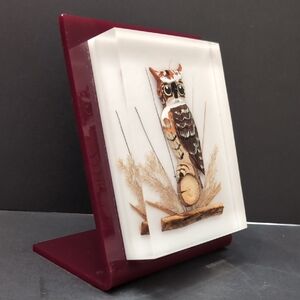 Vintage Lucite Encased Carved And painted Owl In a Maroon Frame.